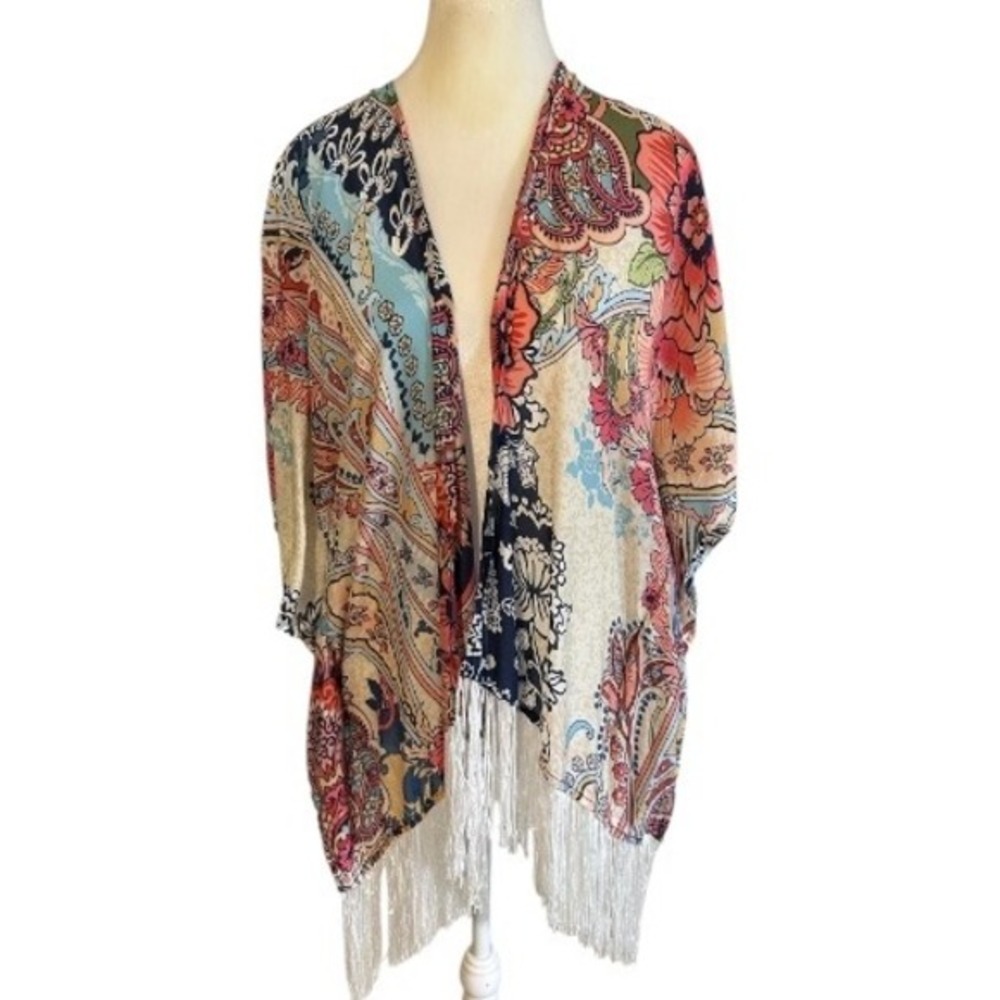 Chicos Kimono S/M Paisley Floral Fringe Lightweight Boho Beach‎ Cover Up